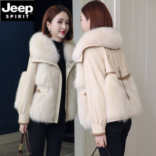 Jeep spirit high-end new haining leather down jacket women's short sheepskin fox fur collar fur all-in-one warm jacket winter off-white (new winter style) thickened m recommended 116-125 jin jin equals 0.5 kg (thickened without shedding)