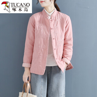 Woodpecker chinese style plate buckle light cotton jacket cotton and linen embroidered tea coat top cotton thickened jacket flesh pink (small amount) m recommended 90-105jin jin equals 0.5 kg