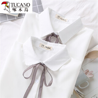 Woodpecker 2025 spring, autumn and winter new velvet thickened bow chiffon white shirt for women with long-sleeved bottoming top round neck coffee plaid lace-up without velvet s