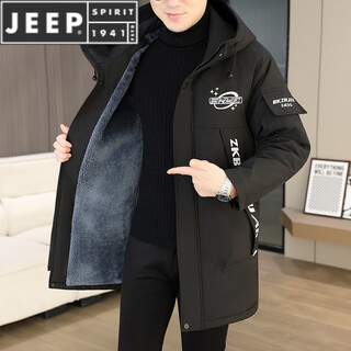 JEEP SPIRIT加绒风衣男士2025新款秋冬季加厚中长款外套帅气连帽保暖夹克男装 黑色【加 绒保暖】 L 110-130斤