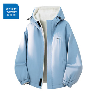 Jeanswest double-sided cotton coat men's winter velvet thickened warm hooded cotton coat 2026 new trendy brand loose cotton jacket light blue 3xl