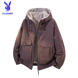 Playboy (playboy) cotton coat men's spring and autumn velvet hooded work jacket loose american retro thickened lamb velvet cotton coat purple xl