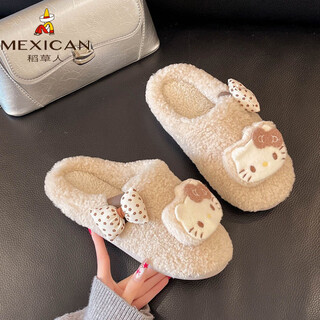 Scarecrow cute hello kitty polka dot bow toe half slippers women's autumn and winter plush warm home indoor cotton slippers beige 37-38 (230mm) 3839 suitable for 3738 feet