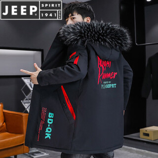Jeep spirit winter velvet jacket men's trendy korean style windbreaker mid-length thickened warm parka cotton winter coat 101 black red m
