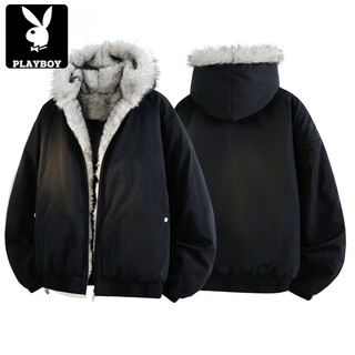 Playboy (playboy) american retro mountain-carved cotton jacket for men and women, winter trendy brand fur collar jacket, cotton jacket, loose jacket, black m recommended 168-175cm-120jin jin equals 0.5 kg