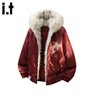 Chocoolate it mountain carved fur collar cotton jacket for men in winter to keep warm and loose in the year of birth red jacket burgundy m recommended 90jin jin equals 0.5kg -110jin jin equals 0.5kg