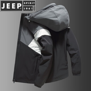 Jeep spirit autumn and winter plus size young men's hooded color-blocked jacket velvet sports windbreaker men's outdoor trendy casual cotton jacket 8506 black gray spring and autumn style l