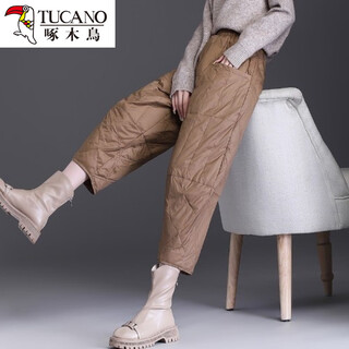 Woodpecker down pants women's autumn and winter outerwear fashionable high-end western style loose harem pants women's velvet thickened mom cotton pants khaki m