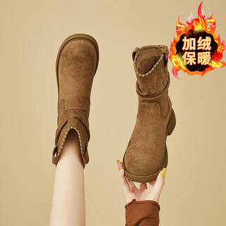 Daphne daphne retro velvet warm short boots for women 2025 new winter western cowboy boots slim women's boots winter caramel color velvet heel height 4cm 35 (225mm) standard size