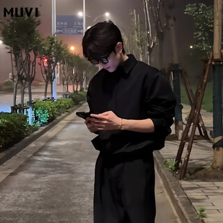 Muwei high-end boyfriend abstinence pure black long-sleeved shirt men's 2025 new loose and versatile handsome shirt black xl recommended 125-140 jin jin equals 0.5 kg
