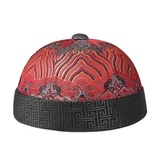 Parmaito old beijing melon skin hat men's chinese style antique prince hat, bright red brocade, one size fits all (57-60 head circumference can be worn)