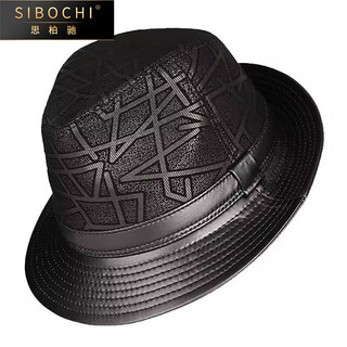 Sibochi autumn and winter men's top hat genuine leather hat middle-aged and elderly casual british gentleman hat sheepskin print cowboy jazz hat black passepartout 2xl 59-60cm
