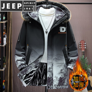 JEEP SPIRIT采购产品秋冬男士中长外衣，毛皮领，天鹅绒加厚夹克，青年外衣， 717黑色【加 绒带毛领】 M 约90~110斤可穿