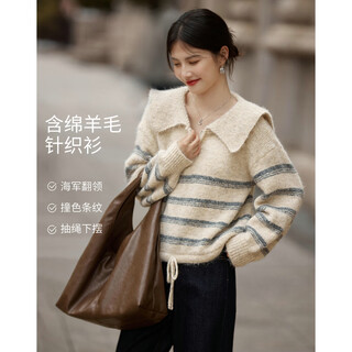 Shangjing cotton wool lazy style sweater for women 2026 spring new pinstripe lapel sweater zipper design top beige m