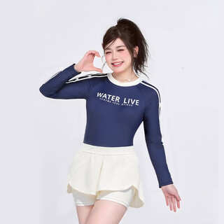 Agliondy long-sleeved large size swimsuit women's sports training fat mm feeling 2025 new swimming pool exclusive navy blue (two-piece set) xl