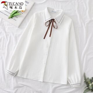 Woodpecker autumn and winter new style plus velvet, thickened and warm, commuting basic shirt for women to wear inside, niche long-sleeved top, trendy, white + brown laces, regular version, s collection, priority delivery