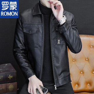 Romon leather men's jacket haining motorcycle lapel plus velvet warm autumn and winter young and middle-aged men's slim leather jacket pocket style black single jacket m recommended 90-115 jin jin equals 0.5 kg