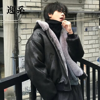 Yi leather coat winter plus velvet thickening american retro pu leather hooded cotton jacket for men and women winter loose warm plus velvet black m