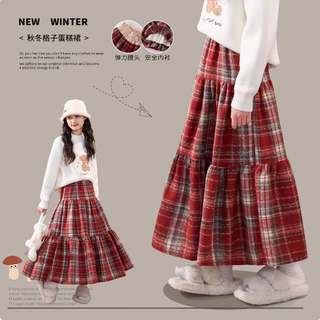 I.karnow girls skirt 2025 new skirt children's winter plaid woolen mid-length skirt for girls and boys winter plaid winter 4553 red plaid plus velvet 120