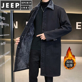 Jeep spirit windbreaker men's mid-length winter thickened plus velvet trendy loose large size lambswool lapel denim coat jacket for men black m