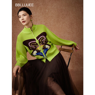 Bblluuee butterfly pattern aesthetics pink blue wardrobe 2026 spring new style butterfly rhyme sichuan embroidery women's artistic contrast color knitted sweater yunliu green m