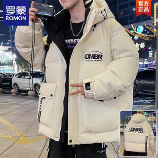 Romon down jacket men's winter 2025 new thin trendy brand hooded jacket men's thickened and warm youth cold-proof clothes 9006 white and black new national standard 90% white duck down 2xl 185 (about 175~195jin jin is equal to 0.5 kg can be worn)