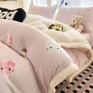 Fantasy quilt cover single piece single quilt cover 150200230 plus plush plush pudding pink cat wide edge high weight thickened milk velvet double warmth 2.0m bed cover four-piece set suitable for 200 230 quilts