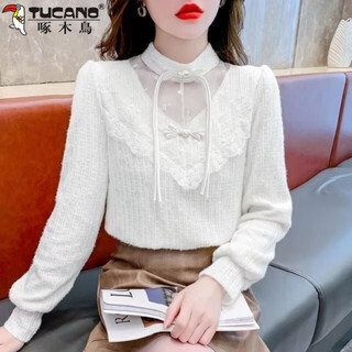 Woodpecker (tucano) plus velvet chinese style thickened national style button-down shirt fashionable lace bottoming autumn and winter 2025 new top commuting white xl