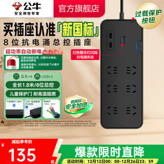 Bull (bull) lightning protection, anti-surge and anti-surge high-end household appliances/anti-surge socket/socket strip/terminal board dual usb+six sockets+master control 1.8m lightning protection and anti-surge (new)