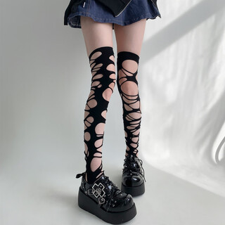Perfect and irregular ripped hole socks over the knee subculture dark style stockings women's legs black stockings black one size