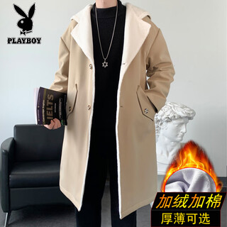 Playboy (playboy) lamb velvet windbreaker men's mid-length autumn and winter korean style hong kong style cotton coat men's youth hooded warm jacket men's qaq1 khaki plus velvet l recommended height 160-179cm weight 90-149jin jin is equal to 0.5 kg