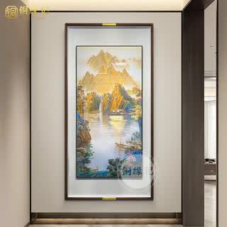 New chinese-style entrance decorative painting copper carving painting rizhao jinshan map hand-engraved copper engraving vertical version home wall mural <jinshan cornucopia 2> copper carving painting 80x160cm walnut solid wood frame brass painting core + hand-engraved + high-definition tempered glass