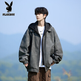 Playboy (playboy) american leather jacket men's spring, autumn and winter new fake two-piece long-sleeved hooded jacket men's handsome young men's clothing dark gray regular m recommended height 165-170cm weight 94-110jin jin is equal to 0.5 kg