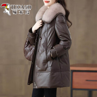 Woodpecker (tucano) haining genuine leather down jacket women's sheepskin mid-length high-end leather jacket loose fashionable fur 2025 winter new brown (real fox fur collar detachable) m 90-110jin jin is equal to 0.5 kg