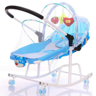 Jinshuo baby rocking chair, comfort chair, stroller, cradle bed, newborn baby, coaxing baby to sleep, mesh blue with push rod + music + mosquito net mat +