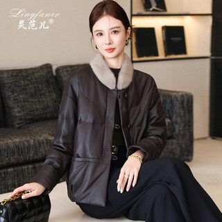 Lingfaner haining genuine leather down jacket for women 2025 new winter coat loose large size new chinese style sheepskin jacket short leather jacket coffee color l