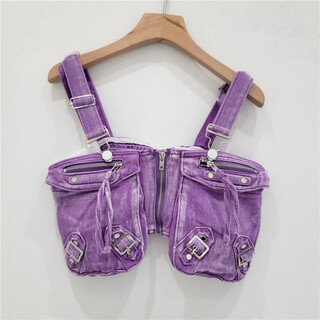 European and american style design three-dimensional work clothes pockets retro hot girl denim tube top suspender sleeveless top for women trendy purple 12156 s