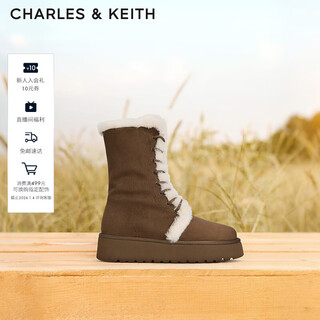 CHARLES&KEITH25冬季新品厚底毛绒系带雪地靴马丁靴圣诞礼物送女友CK1-90920165 Brown棕色 38 （245）