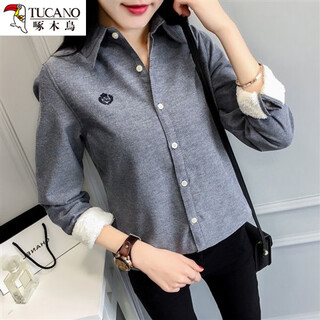 Woodpecker's new autumn and winter velvet thickening women's korean version slim student shirt women's solid color warm long-sleeved shirt bottoming shirt gray s (recommended s-jin jin equal to 0.5 kg)