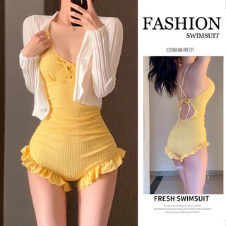 Bangbo swimsuit women's one-piece suspender v-neck solid color long-sleeved two-piece set slim and slim sexy backless hot spring swimsuit yellow one-piece swimsuit suspender + cardigan one size