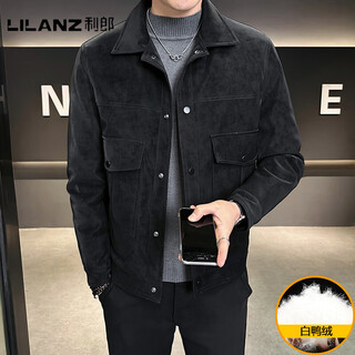 Lilanz official thin men's down jacket winter 2025 new lapel suede thickened men's leather jacket high-end jacket black - flagship model m 90-110jin jin is equal to 0.5 kg