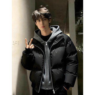 She manlai fake two-piece hooded cotton-padded jacket for men in winter, cold-proof and warm, thickened pu leather cotton-padded jacket, men's short bread coat, black xl