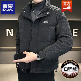 Romon зимняя одежда 2025, новый красивый пуховик с воротником-стойкой, мужской короткий утолщенный теплый модный брендовый пиджак с полным принтом, черный m (90-115jin jin равен 0,5 кг)