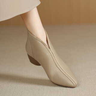 Belle step retro soft sheepskin mid-heeled ankle boots for women autumn and winter new pointed toe wedge heel leather short boots apricot single lining 38