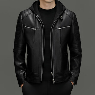 Fat donglai supermarket purchasing new autumn and winter goatskin hooded leather jacket with detachable hood, same style as youth trend machine, black s 165