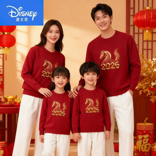 Disney (disney) 26 year of the horse parent-child outfits for a family of three and four, trendy round neck printed thickened warm sweater parent-child outfits, burgundy 160