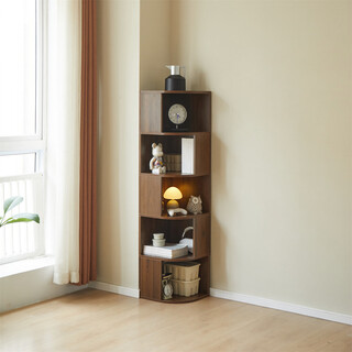 Mengdianlong solid wood corner bookshelf household floor-standing storage rack corner multi-layer bookshelf custom corner bookcase arc display rack walnut color five-layer solid wood bookshelf (installation included)