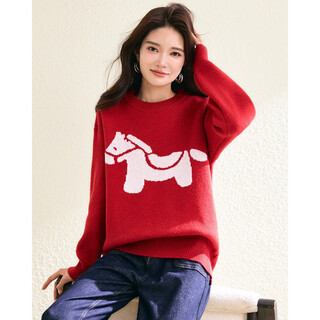 Terre bleue new year red horse year sweater women's 2025 winter round neck long sleeve warm sweater women's loose slim bottoming shirt
