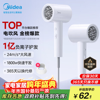 Midea 100 million negative ion hair dryer, hair care and hair dryer, high power hair dryer, national subsidy for home appliances fj208-polar white 1800w christmas gift