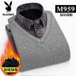 Playboy winter men's warm shirt for young and middle-aged pure cotton fake two-piece knitted bottoming sweater men's velvet thickened top m959 3xl (recommended 160-178jin jin equals 0.5kg)